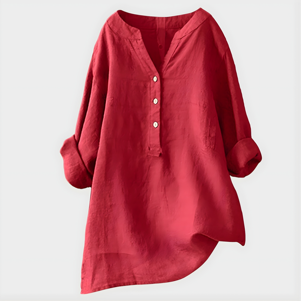 Veronique Elegant Cotton-Linen V-Neck Blouse