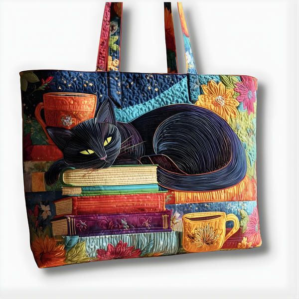 Cozy Black Cat Books & Coffee | Handmade Quilted Tote