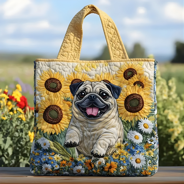 Happy Pug & Sunflower Garden | Handmade Quilted Tote