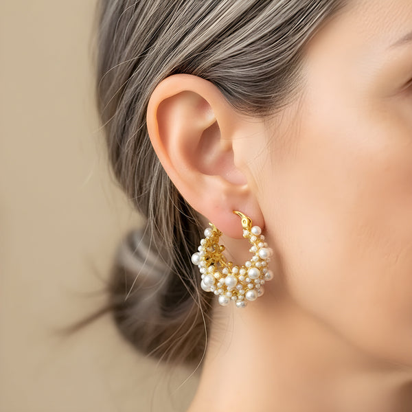 Vintage Pearl Cluster Hoop Earrings