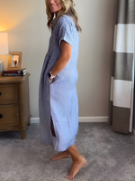 Marina™ Elegant Striped Maxi Shirt Dress with Pockets