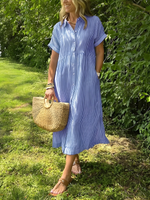 Marina™ Elegant Striped Maxi Shirt Dress with Pockets