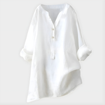 Veronique Elegant Cotton-Linen V-Neck Blouse