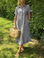 Marina™ Elegant Striped Maxi Shirt Dress with Pockets