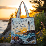 Lighthouse Sunset & Seagulls | Handmade Quilted Tote