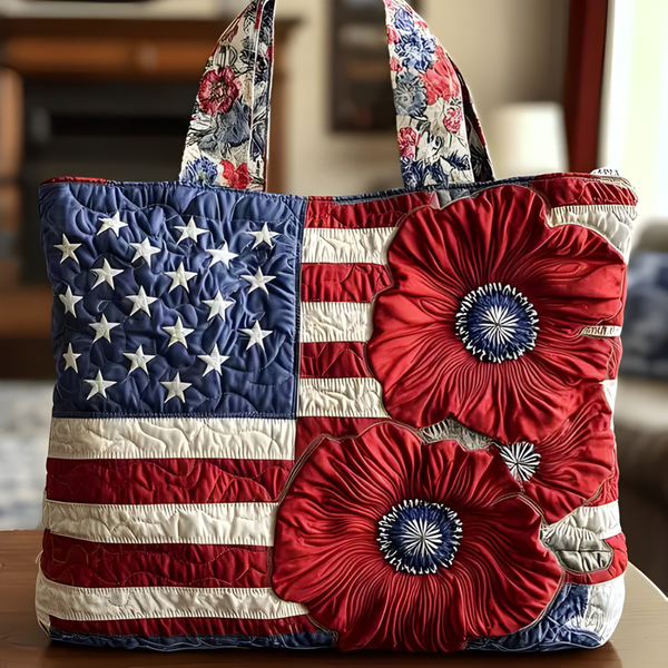 Patriotic Flag & Red Poppy Bloom | Handmade Quilted Tote