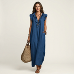 Amina™ Ruffle V-Neck Linen Maxi Dress